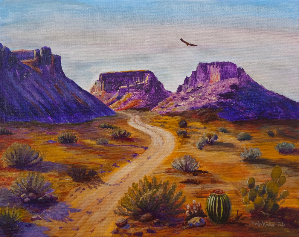 Beyond the Bend, an acrylic Southwestern landscape painting with a winding road by Tonja Hicks