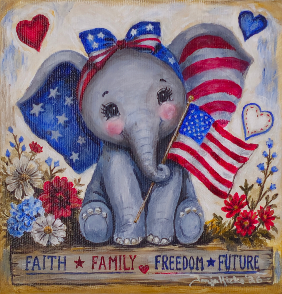 Faith Family Freedom, a patriotic baby elephant acrylic painting by Tonja Hicks