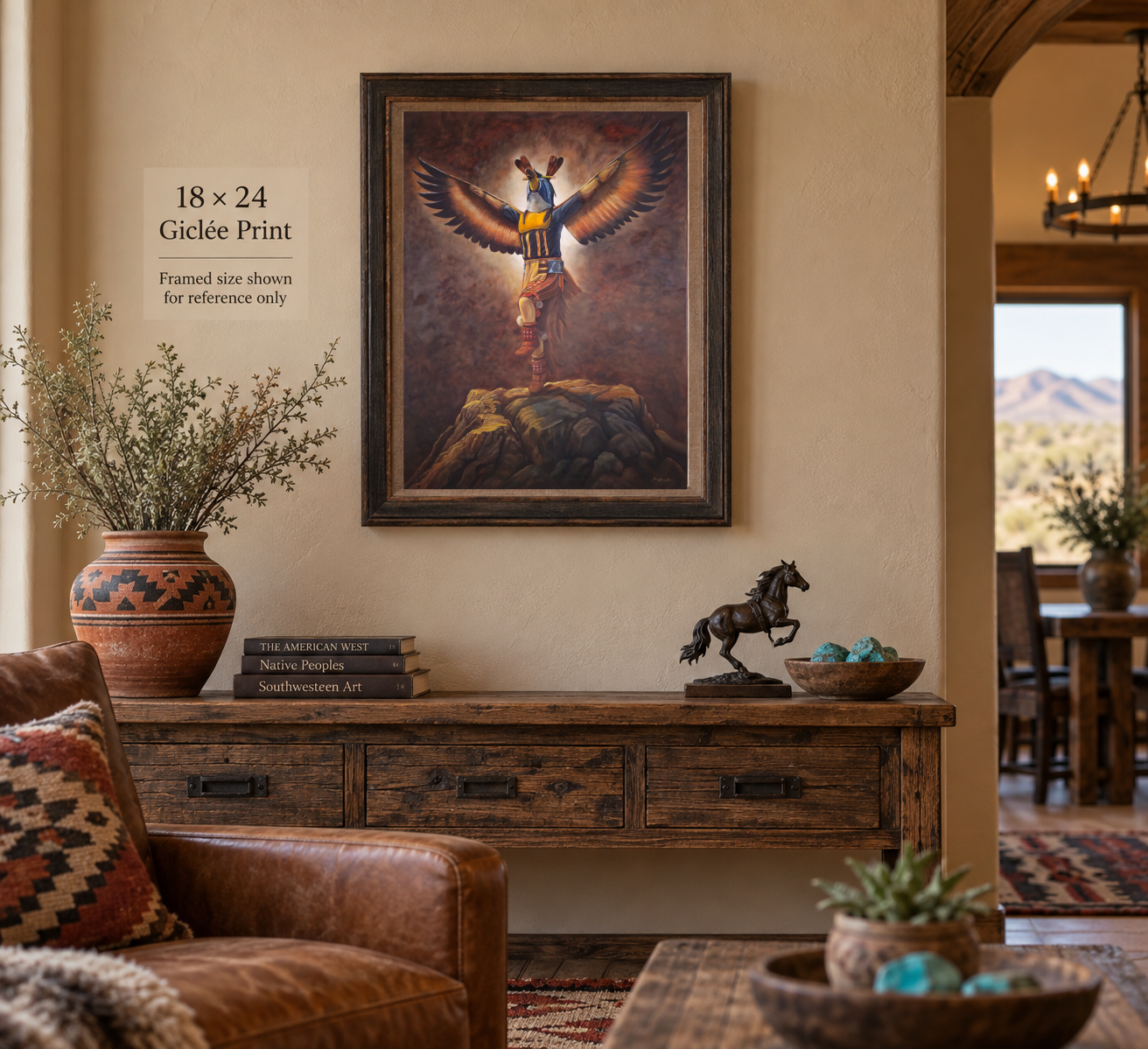 Eagle Dancer 18 by 24 inch giclee print shown framed in a Southwestern room setting