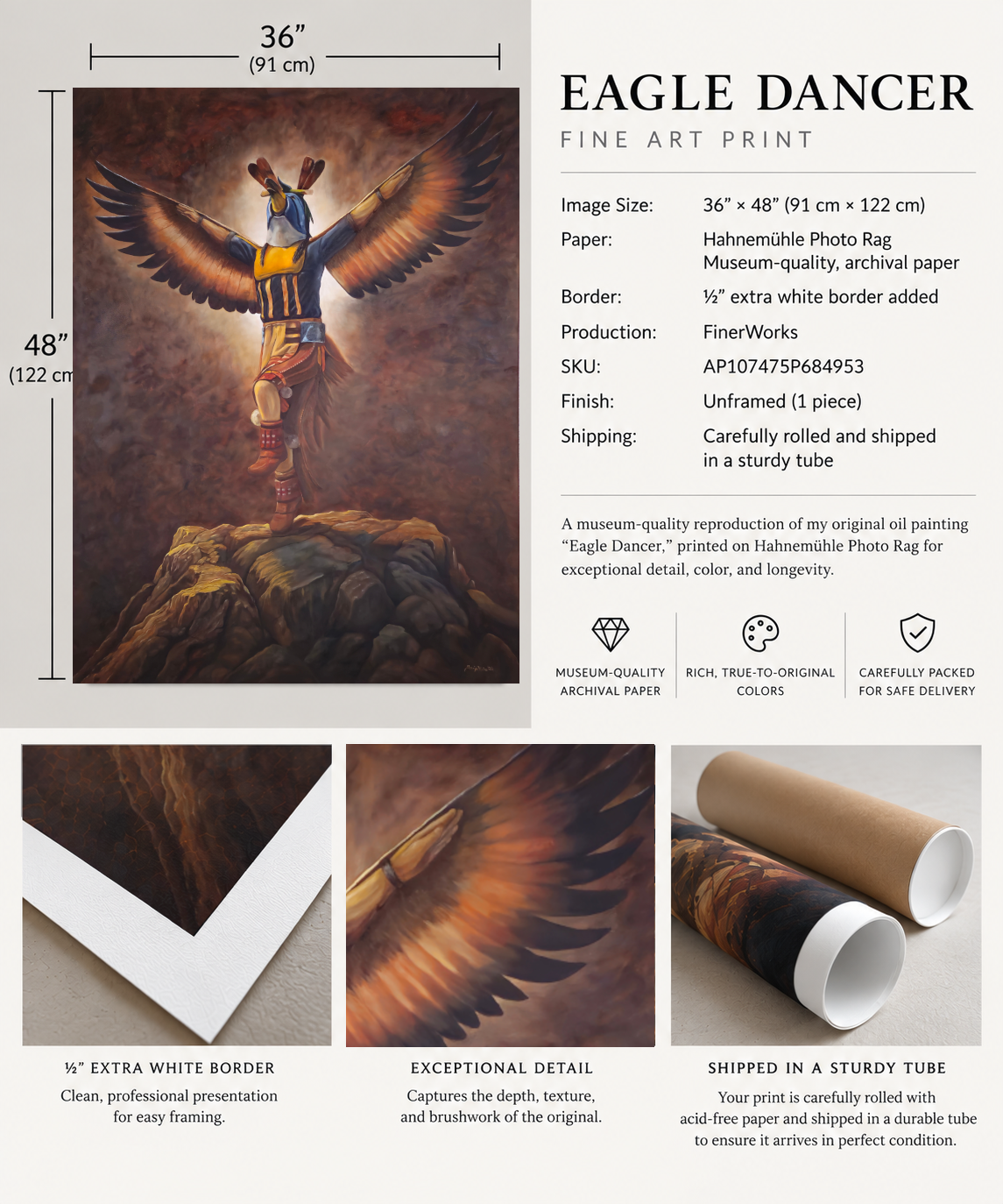 Eagle Dancer 36 by 48 inch fine art print details, paper, border, and tube shipping information