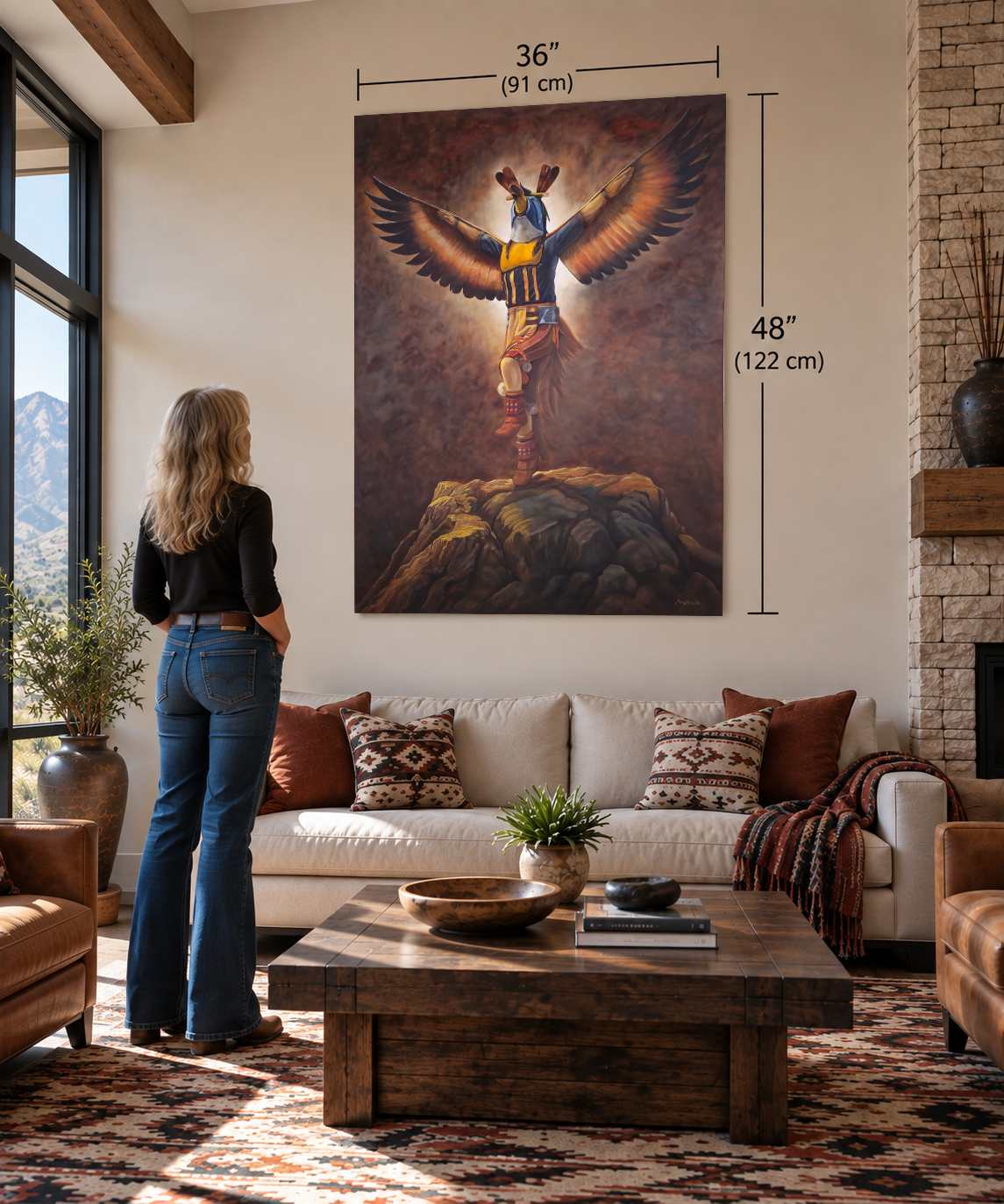 Eagle Dancer 36 by 48 inch giclee print shown at scale in a Southwestern living room