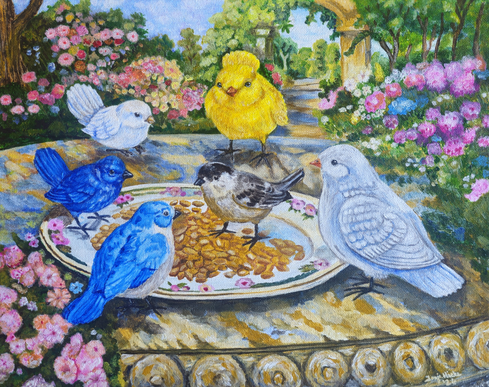 Garden Birds Gathering, an acrylic painting of garden birds by Tonja Hicks