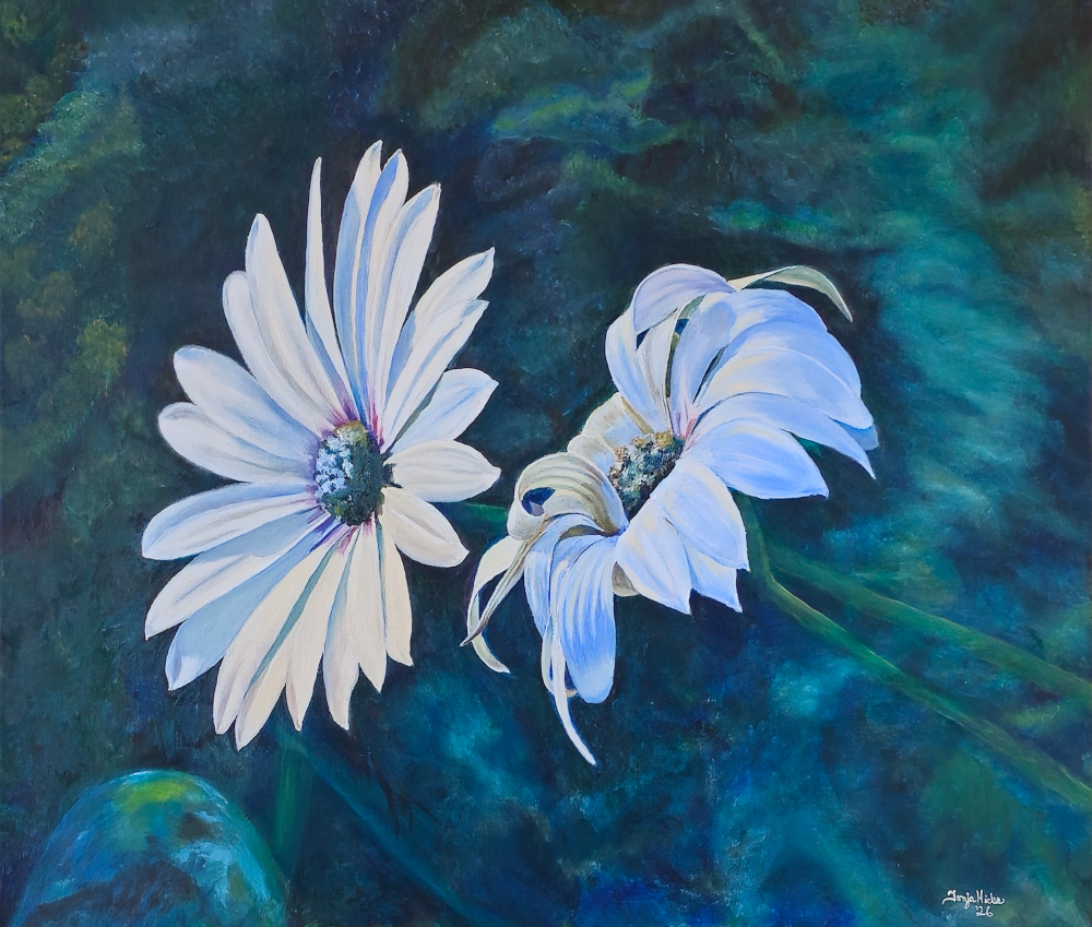 Love in Bloom, an oil painting of two daisies by Tonja Hicks