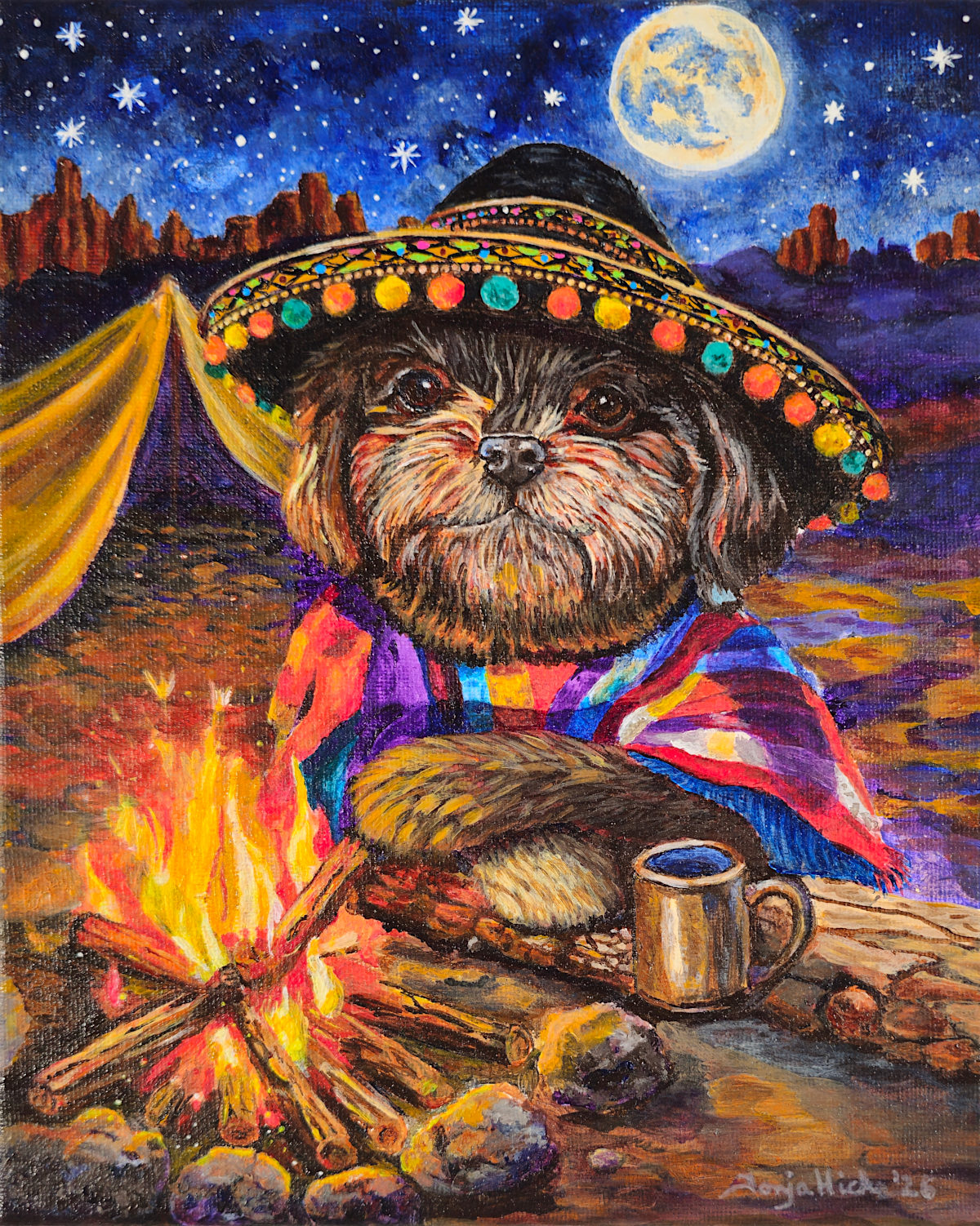 Shadow the Shih Tzu wearing a colorful serape beside a campfire and tent beneath an Arizona desert night sky in Shadow Goes Camping by Tonja Hicks