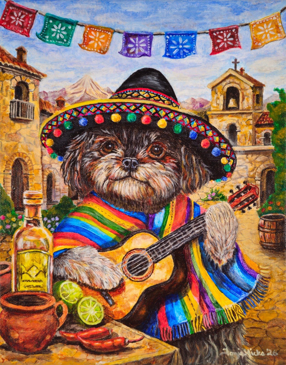 Shadow the Shih Tzu wearing a sombrero and colorful serape in the Southwestern painting Shadow Painting the Pueblo by Tonja Hicks
