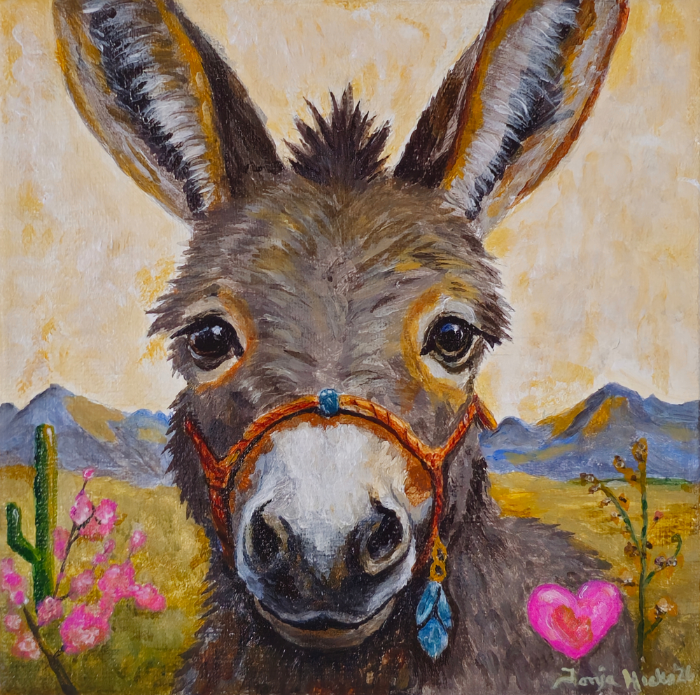 Sweet Burro, a Southwestern acrylic painting of a gentle burro with turquoise accents and desert scenery by Tonja Hicks